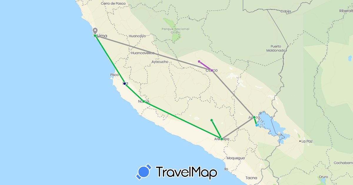 TravelMap itinerary: driving, bus, plane, train, boat in Peru (South America)